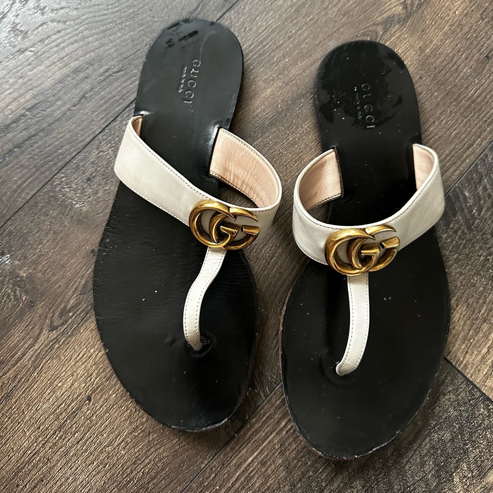 Authentic Gucci Flat Marmont Leather Thong beige classic sandals Size EU38